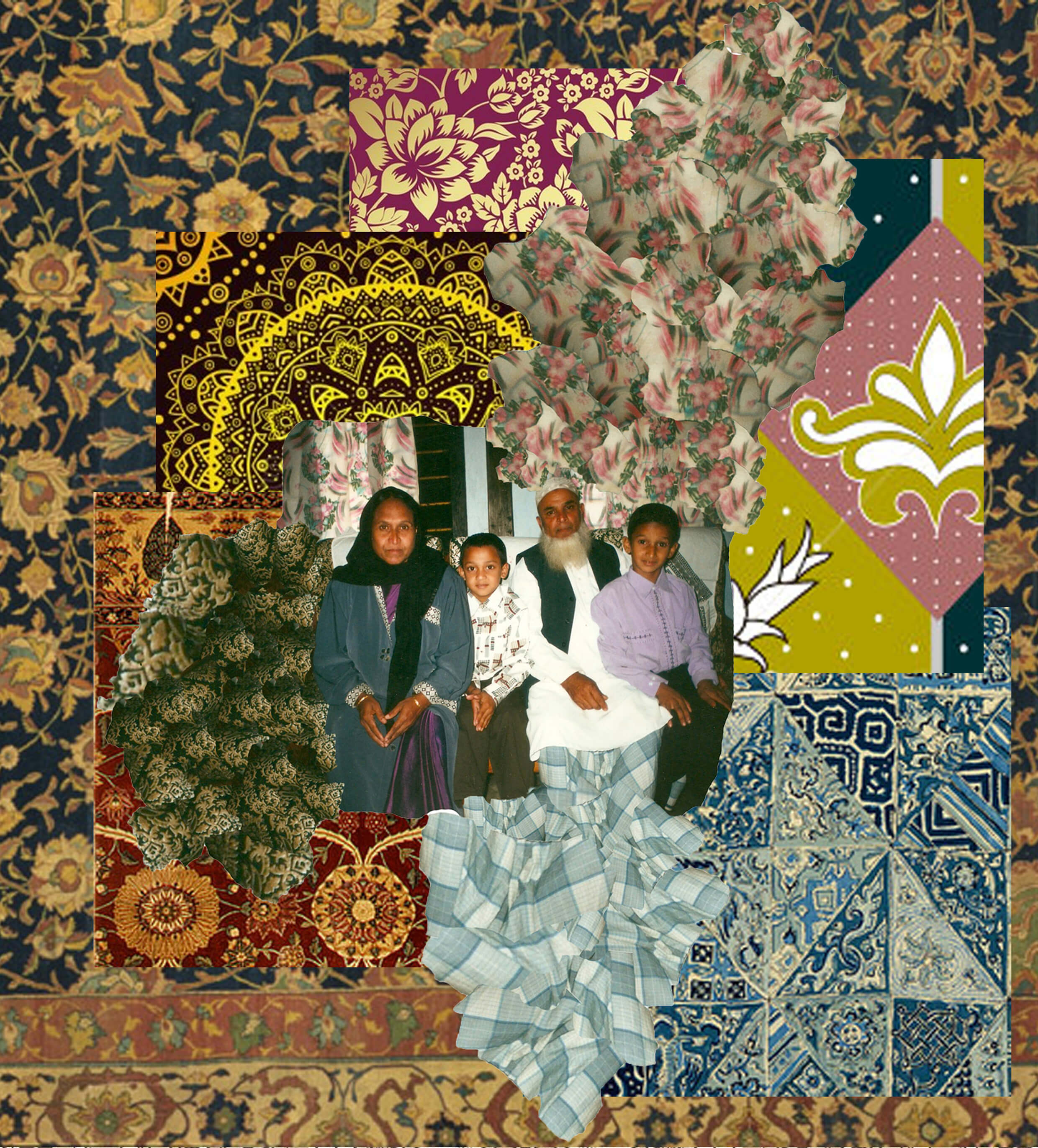 A collage image of patterns with a family photograph in the centre