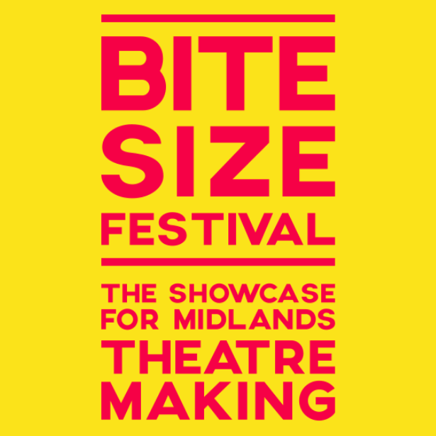 Pink words 'Bite Size Festival - The Showcase for Midlands Theatre Making' against a yellow background