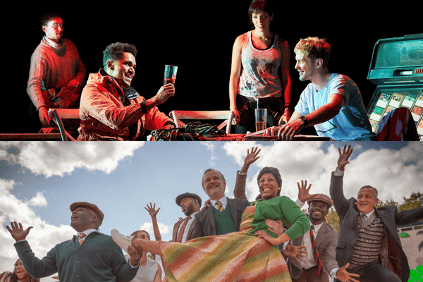Horizontally split image. The top is a production shot from Touching the Void. The bottom production shot is from To The Streets!