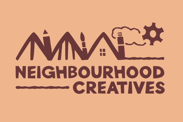 A light brown background overlaid with a dark brown logo which reads 'Neighbourhood Creatives'.