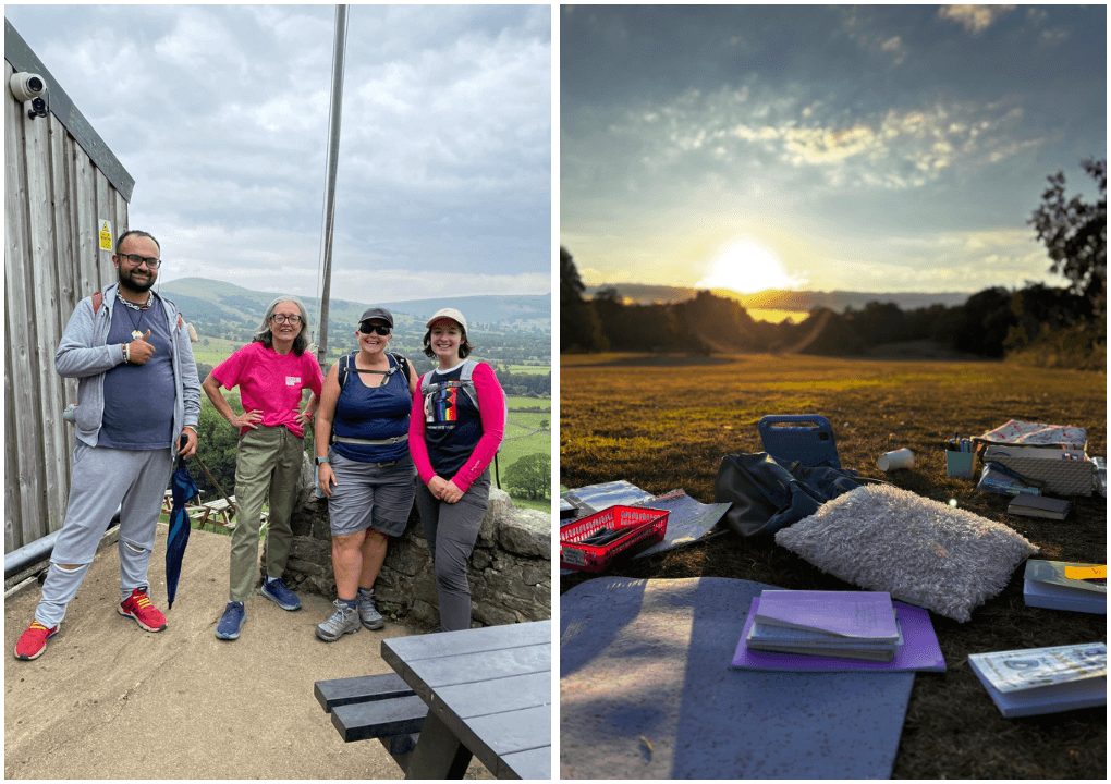 Four people standing side by side outside. They appear to have been on a walk or hike. Next to this photo is a view of various books and notepads scattered on the grass with a sunset in the background.