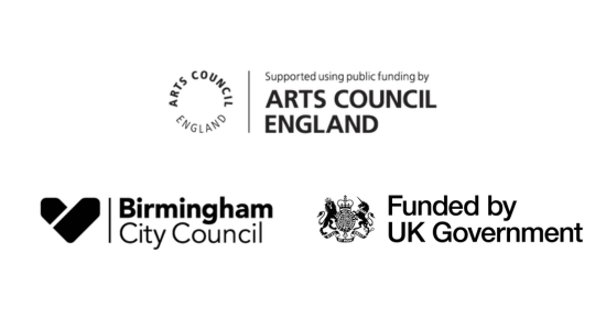 Logos for Arts Council England, Birmingham City Council and Funded by UK Government