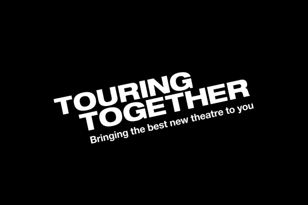 A black background with an overlaid white logo which reads 'Touring Together Bringing the best new theatre to you'